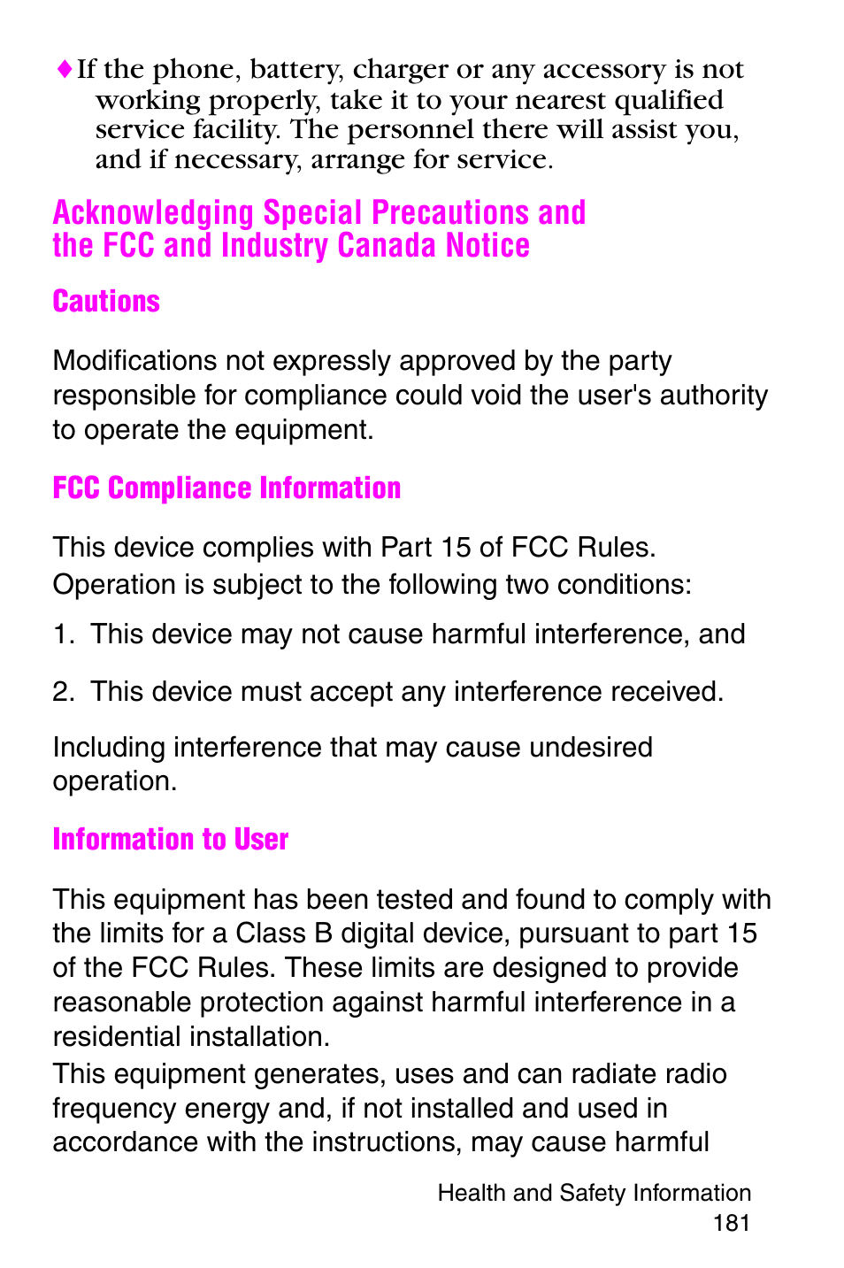 This device must accept any interference received, Acknowledging special precautions and, The fcc and industry canada notice | Samsung SGH-X427ZSACIN User Manual | Page 181 / 220