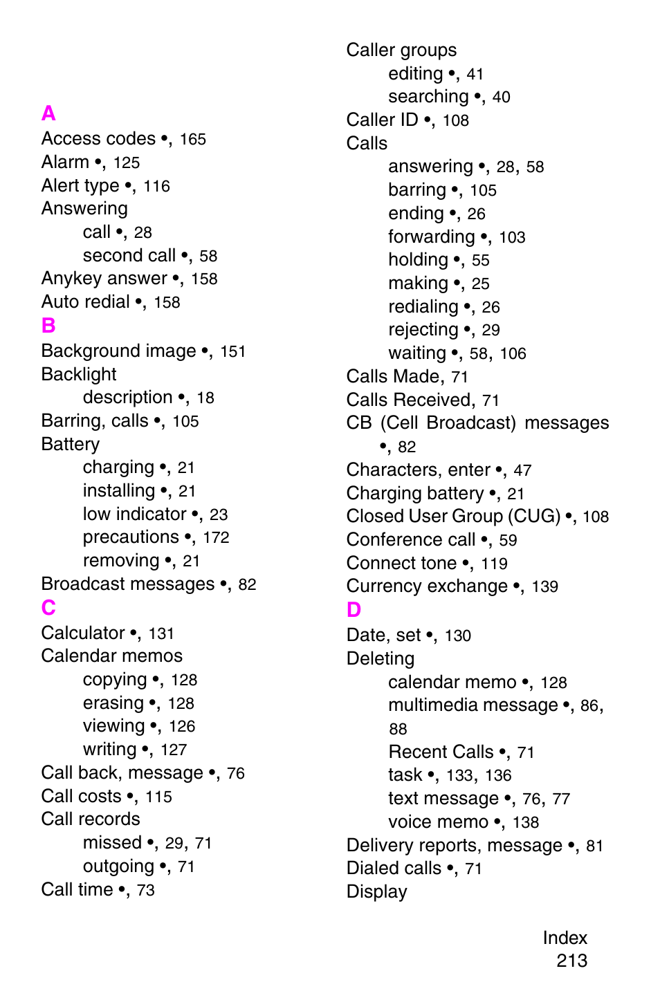 Index | Samsung SGH-X427ZSACIN User Manual | Page 213 / 220