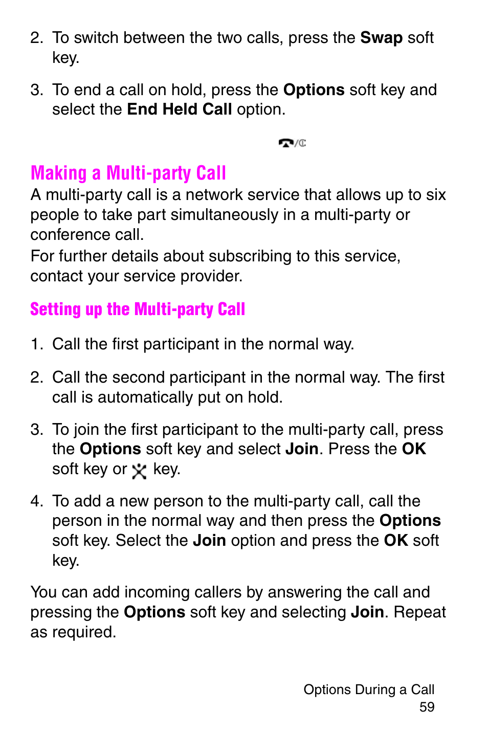 Making a multi-party call, Call the first participant in the normal way | Samsung SGH-X427ZSACIN User Manual | Page 59 / 220