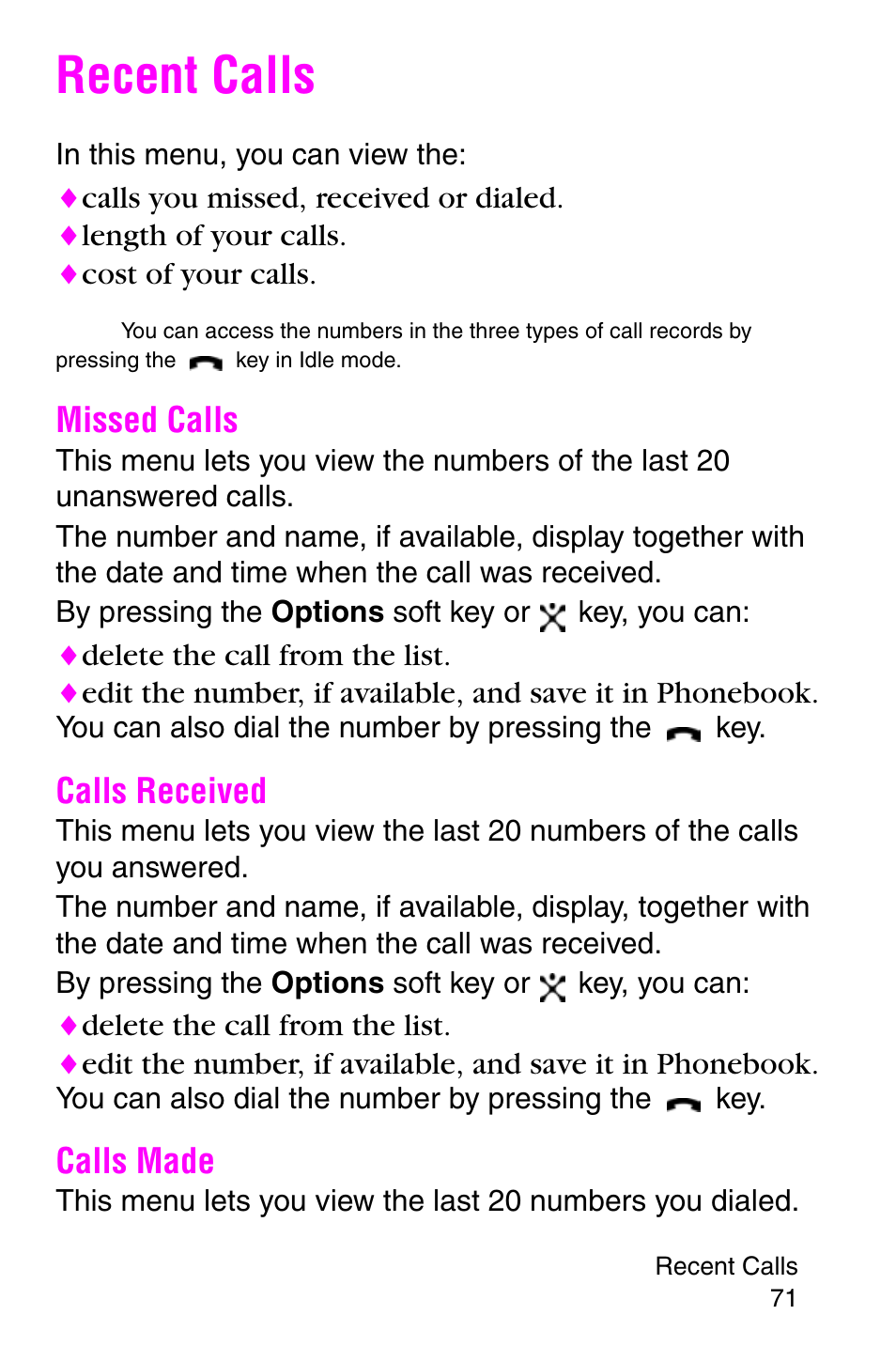 Recent calls, Missed calls, Calls received | Calls made | Samsung SGH-X427ZSACIN User Manual | Page 71 / 220