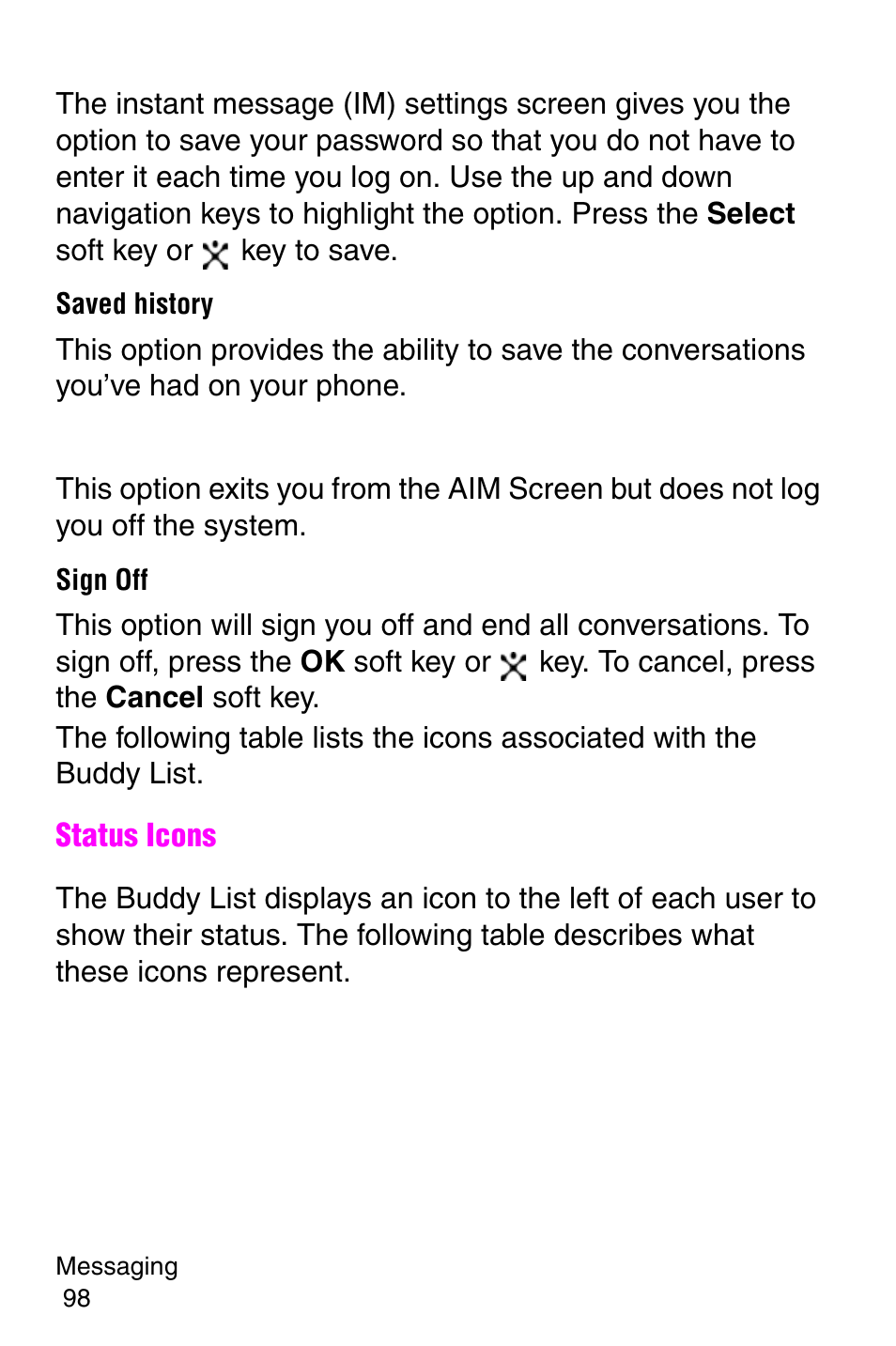 Saved history, Sign off | Samsung SGH-X427ZSACIN User Manual | Page 98 / 220