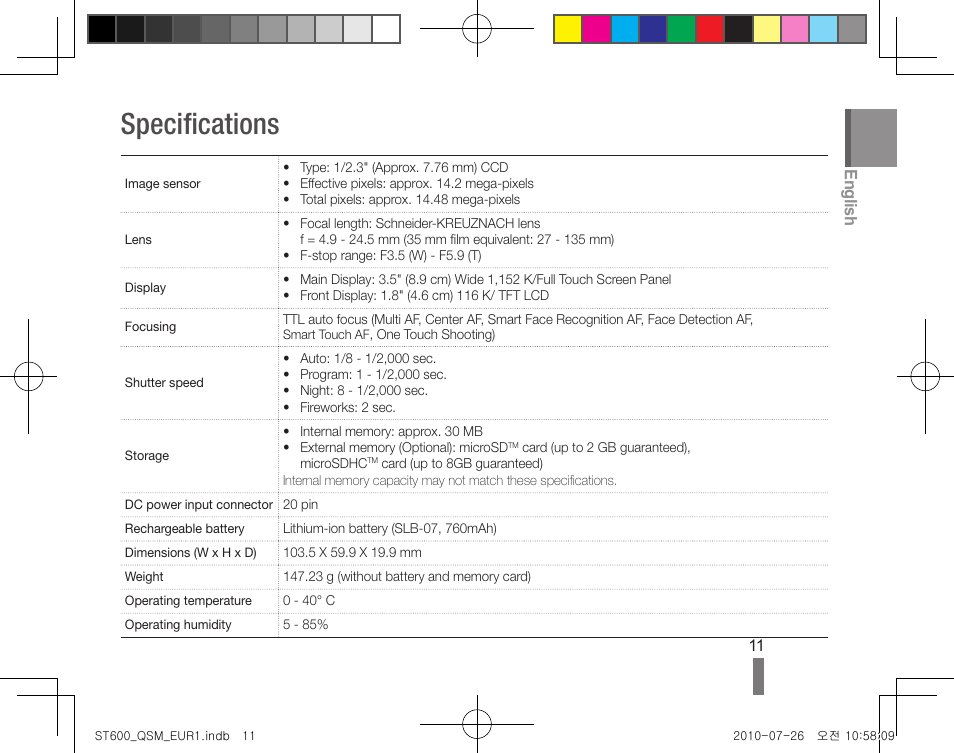 Specifications, English | Samsung EC-ST600ZBPLUS User Manual | Page 11 / 72