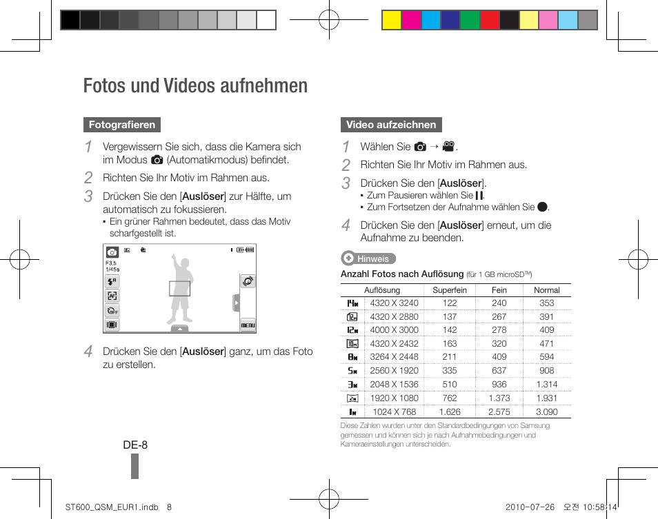 Fotos und videos aufnehmen | Samsung EC-ST600ZBPLUS User Manual | Page 18 / 72