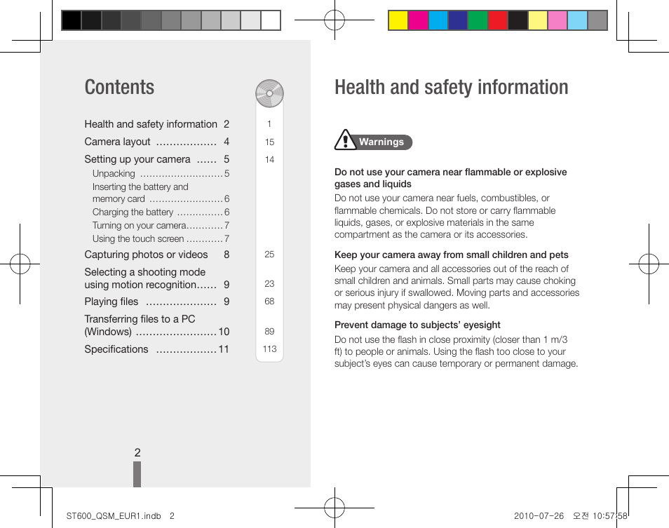 Health and safety information contents | Samsung EC-ST600ZBPLUS User Manual | Page 2 / 72