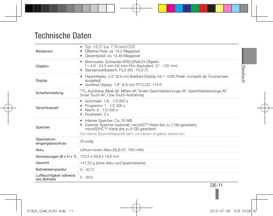 Technische daten, Deutsch | Samsung EC-ST600ZBPLUS User Manual | Page 21 / 72