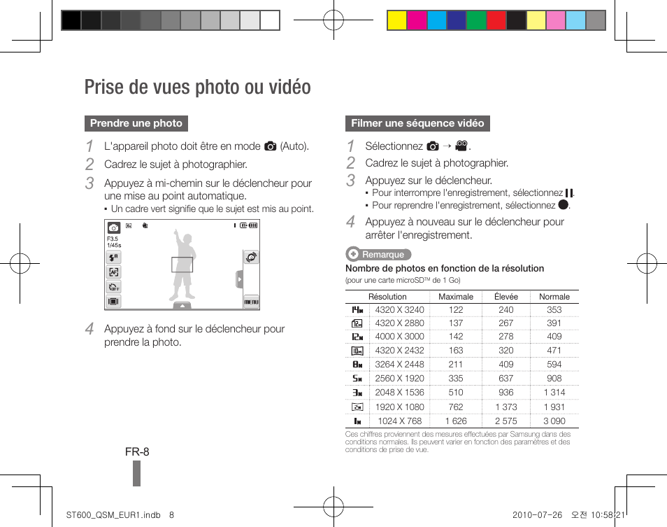 Prise de vues photo ou vidéo | Samsung EC-ST600ZBPLUS User Manual | Page 28 / 72