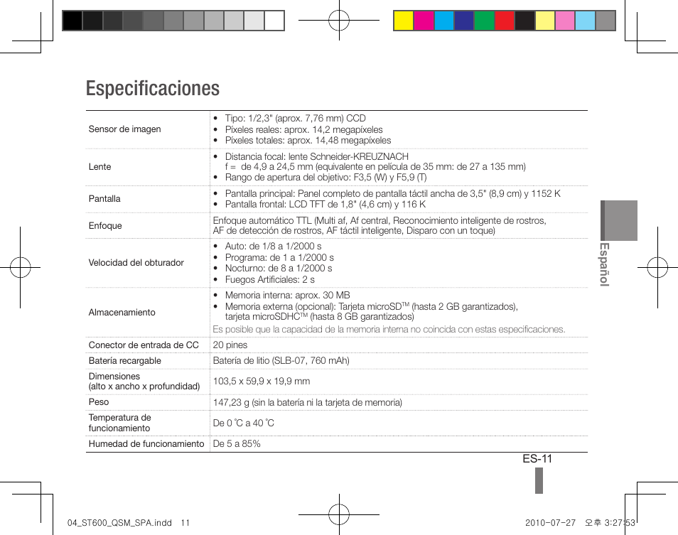 Especificaciones, Español | Samsung EC-ST600ZBPLUS User Manual | Page 41 / 72