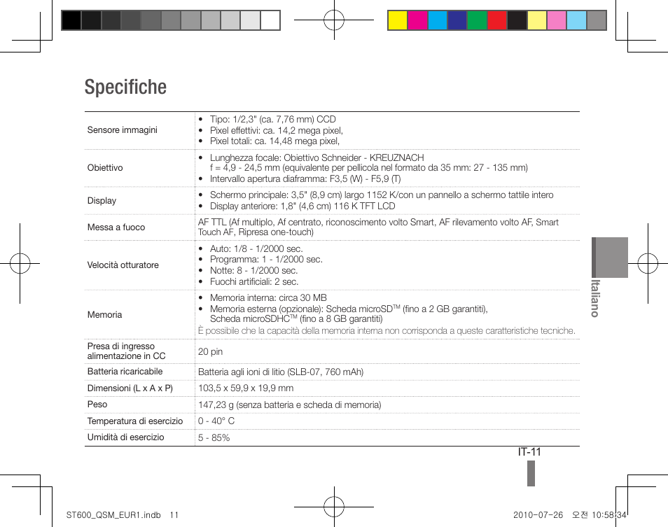 Specifiche, Italiano | Samsung EC-ST600ZBPLUS User Manual | Page 51 / 72