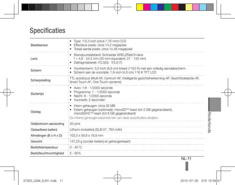 Specificaties, Nederlands | Samsung EC-ST600ZBPLUS User Manual | Page 61 / 72