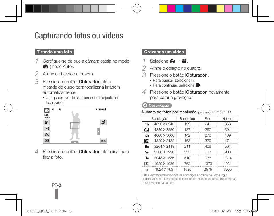 Capturando fotos ou vídeos | Samsung EC-ST600ZBPLUS User Manual | Page 68 / 72