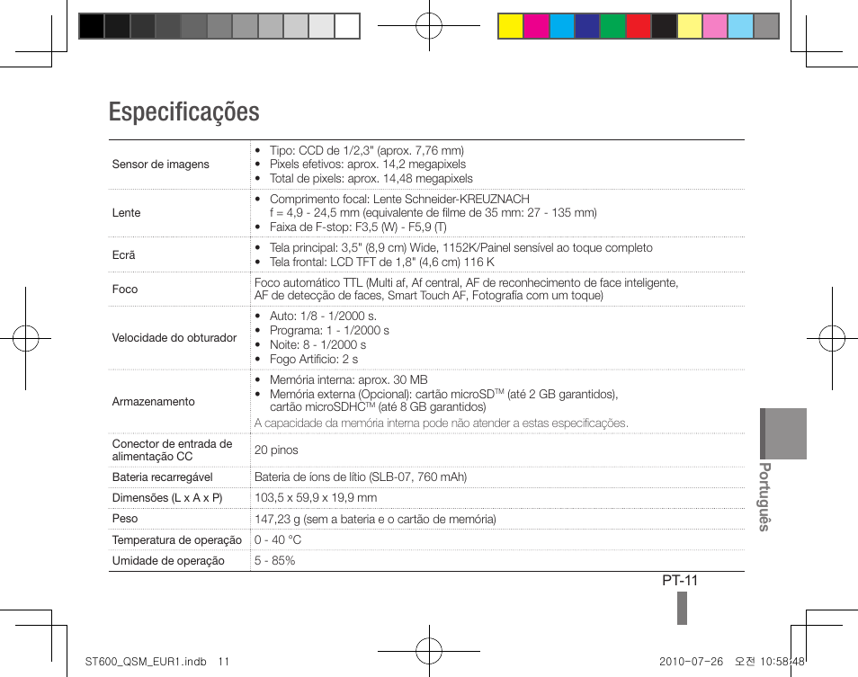 Especificações, Português | Samsung EC-ST600ZBPLUS User Manual | Page 71 / 72