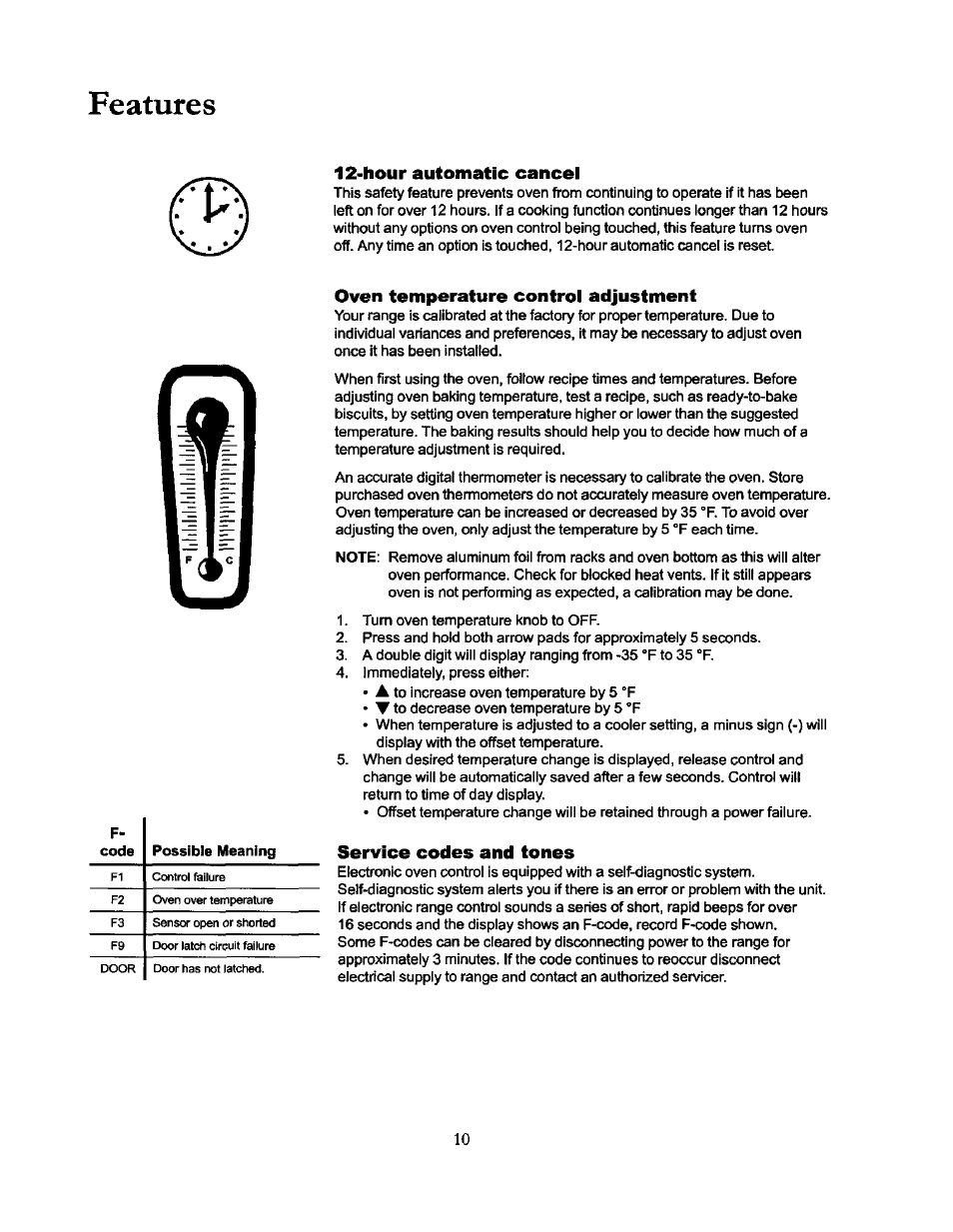 Features, Hour automatic cancel, Oven temperature control adjustment | Service codes and tones | Amana THE BIG OVEN ACF4215A User Manual | Page 10 / 28