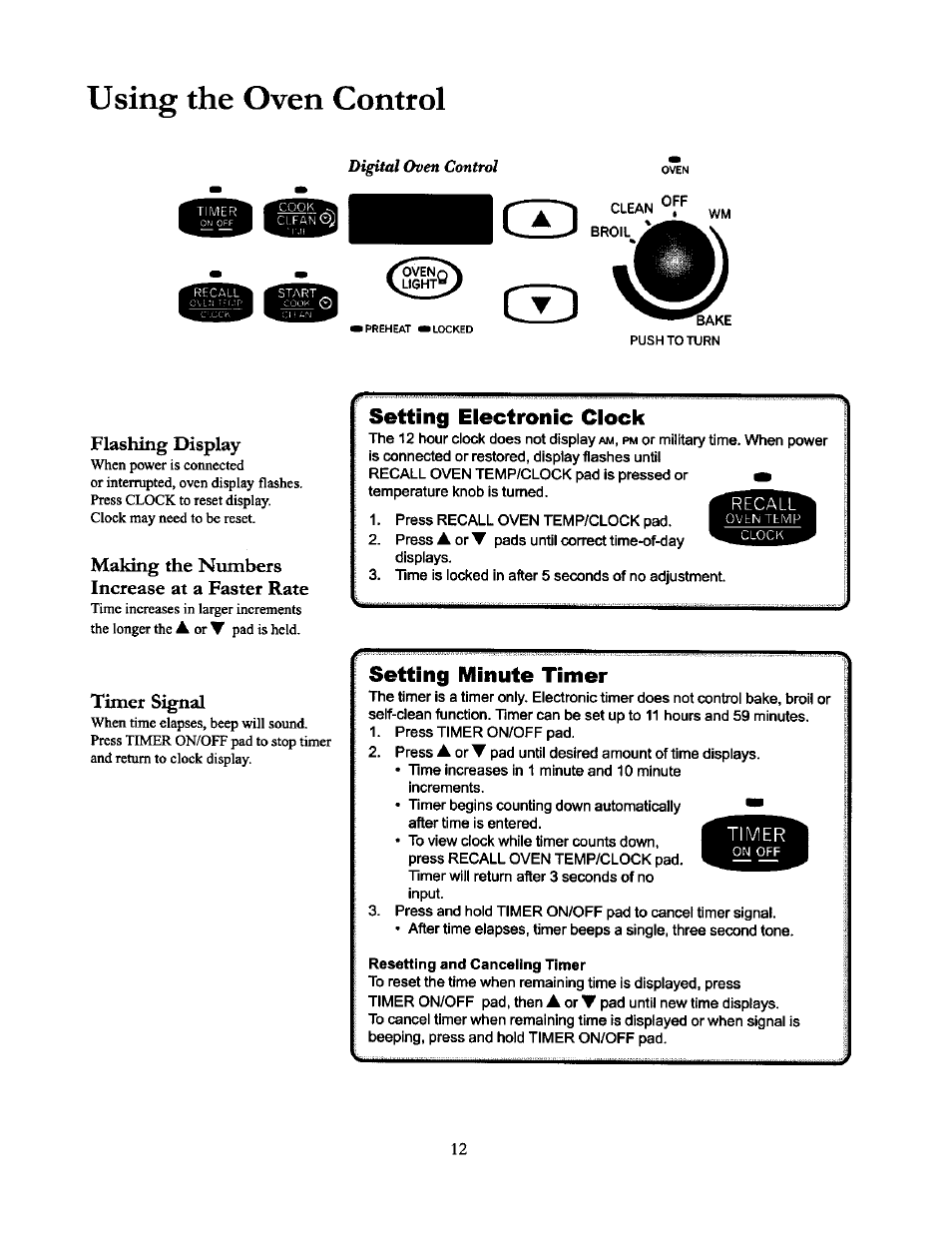 Flashing display, Making the numbers increase at a faster rate, Timer signal | Setting electronic clock, Setting minute timer, Resetting and canceling timer, Using the oven control, Distal oven control | Amana THE BIG OVEN ACF4215A User Manual | Page 12 / 28