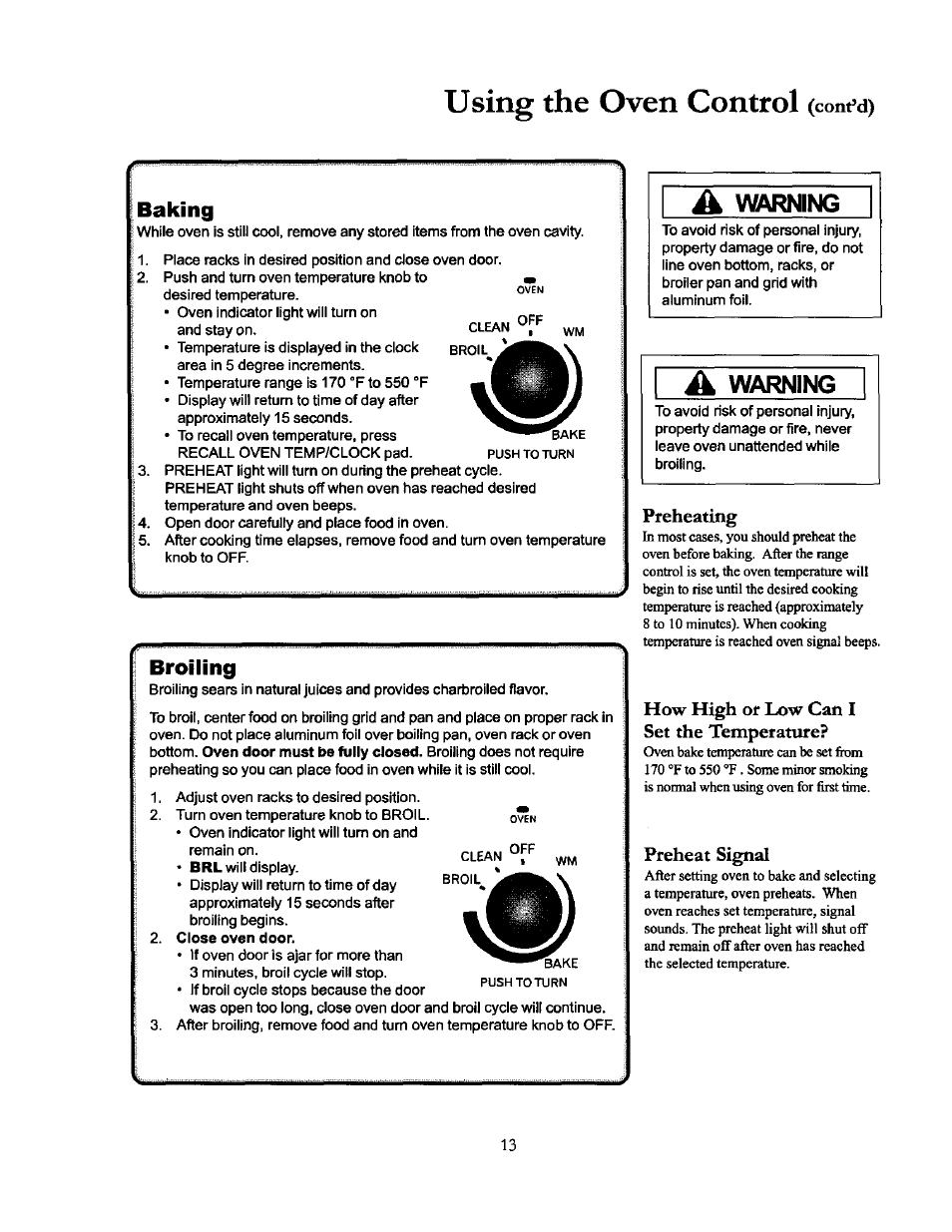 Baking, Broiling, Preheating | How high or low can i set thè temperature, Preheat signal, Using the oven control, Cont’d), A umrmng, A warning | Amana THE BIG OVEN ACF4215A User Manual | Page 13 / 28