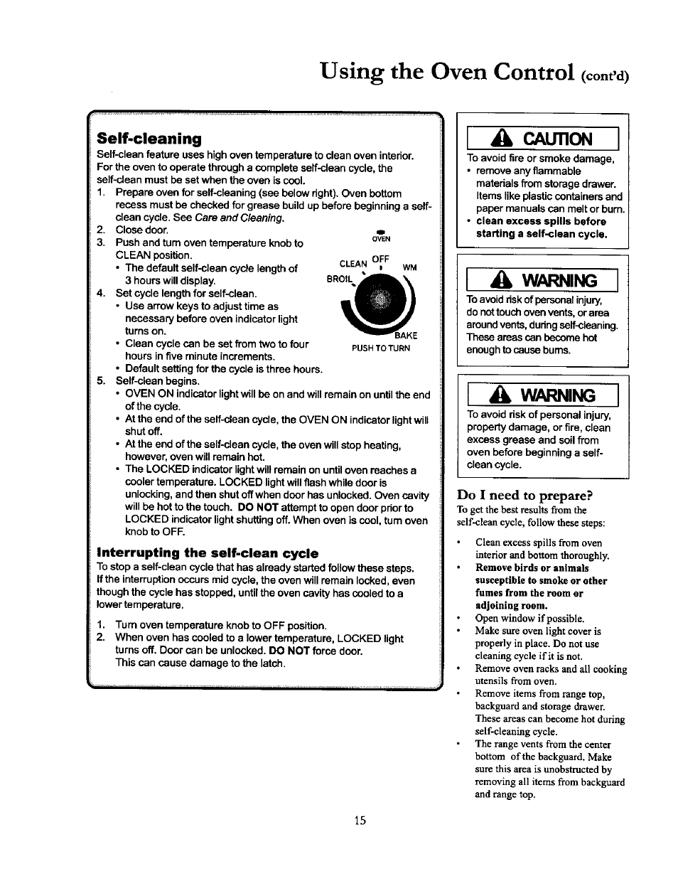 Self-cleaning, Interrupting the self-clean cycle, Do i need to prepare | Using the oven control, Cont’d), Caimon, Warning, À warning | Amana THE BIG OVEN ACF4215A User Manual | Page 15 / 28