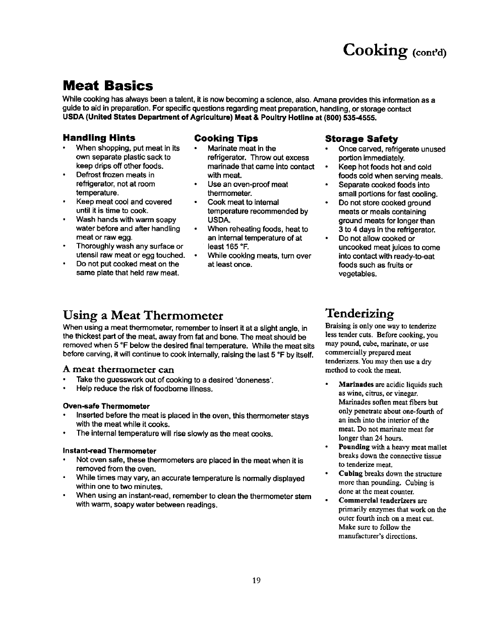 Meat basics, Handling hints, Cooking tips | Storage safety, A meat thermometer can, Cooking, Cont’d), Using a meat thermometer, Tenderizing | Amana THE BIG OVEN ACF4215A User Manual | Page 19 / 28