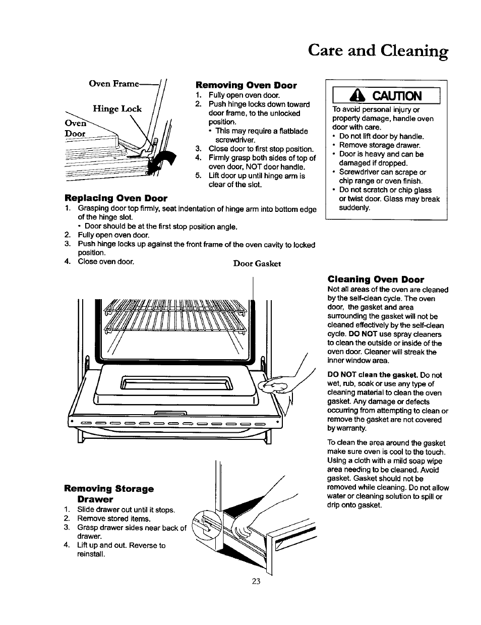 Removing oven door, Replacing oven door, Removing storage drawer | Cleaning oven door, Care and cleaning, Caunon | Amana THE BIG OVEN ACF4215A User Manual | Page 23 / 28