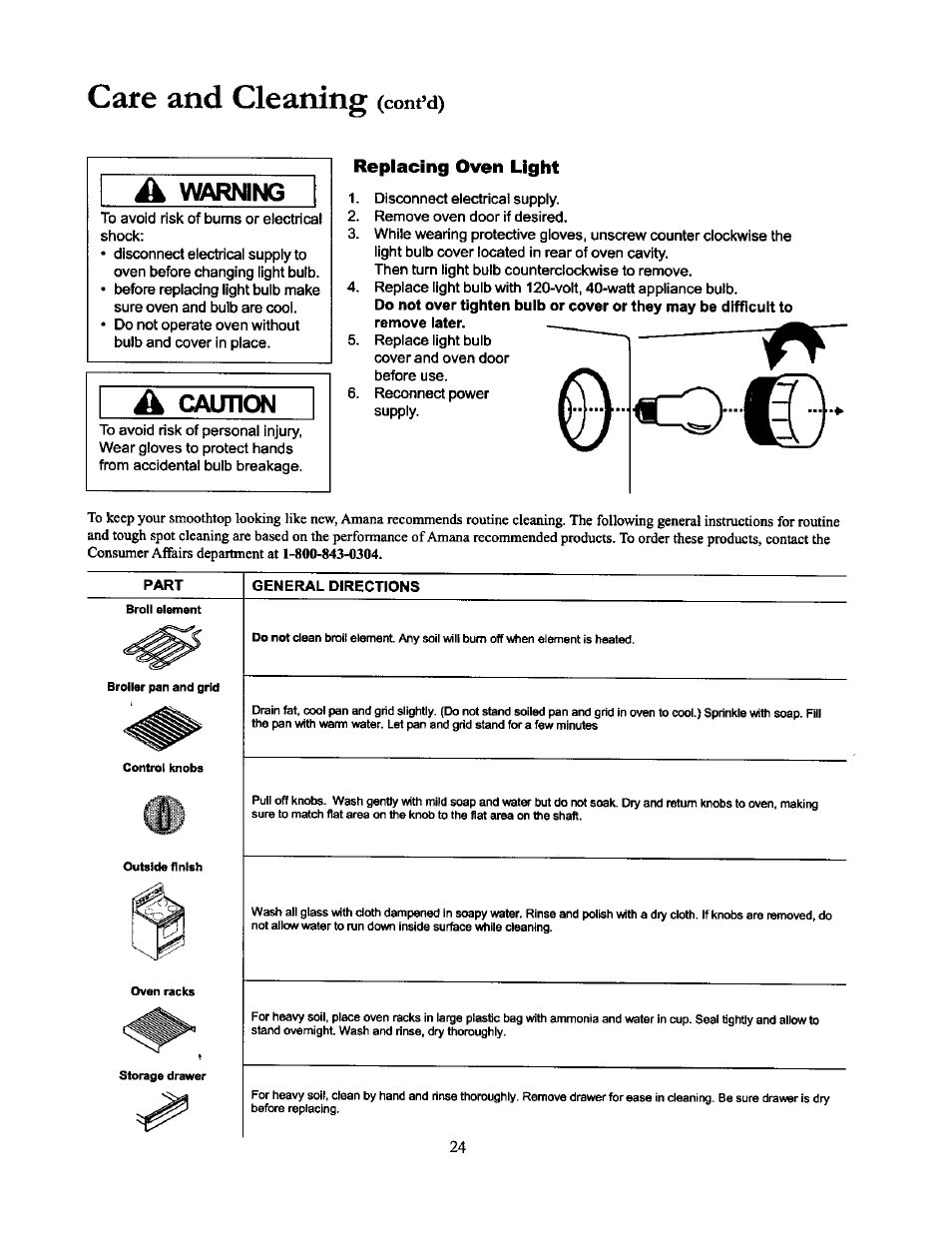 A warning, A caunon, Replacing oven light | Part, General directions, Care and cleaning, Cont’d), Warning, Caunon | Amana THE BIG OVEN ACF4215A User Manual | Page 24 / 28