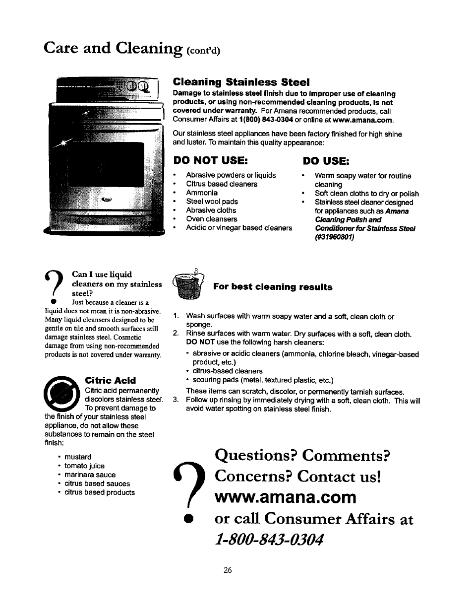 Cleaning stainless steel, Do use, For best cieaning resuits | Questions? comments? concerns? contact us, Or call consumer affairs at, Care and cleaning, Cont’d) | Amana THE BIG OVEN ACF4215A User Manual | Page 26 / 28