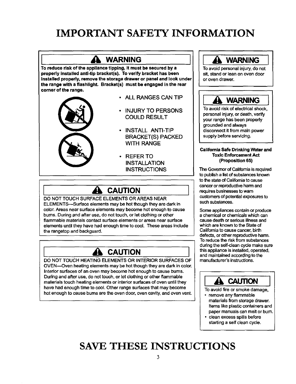 All ranges can tip, Injury to persons could result, Install anti-tip bracket(s) packed with range | Refer to, Installation, Instructions, Important safety information, Save these instructions | Amana THE BIG OVEN ACF4215A User Manual | Page 3 / 28