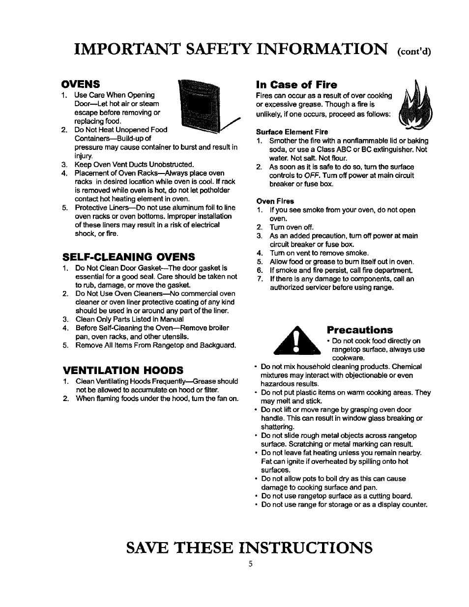 Ovens, Self-cleaning ovens, Ventilation hoods | In case of fire, Surface element fire, Oven fires, Precautions, Important safety information (co„, d), Save these instructions | Amana THE BIG OVEN ACF4215A User Manual | Page 5 / 28