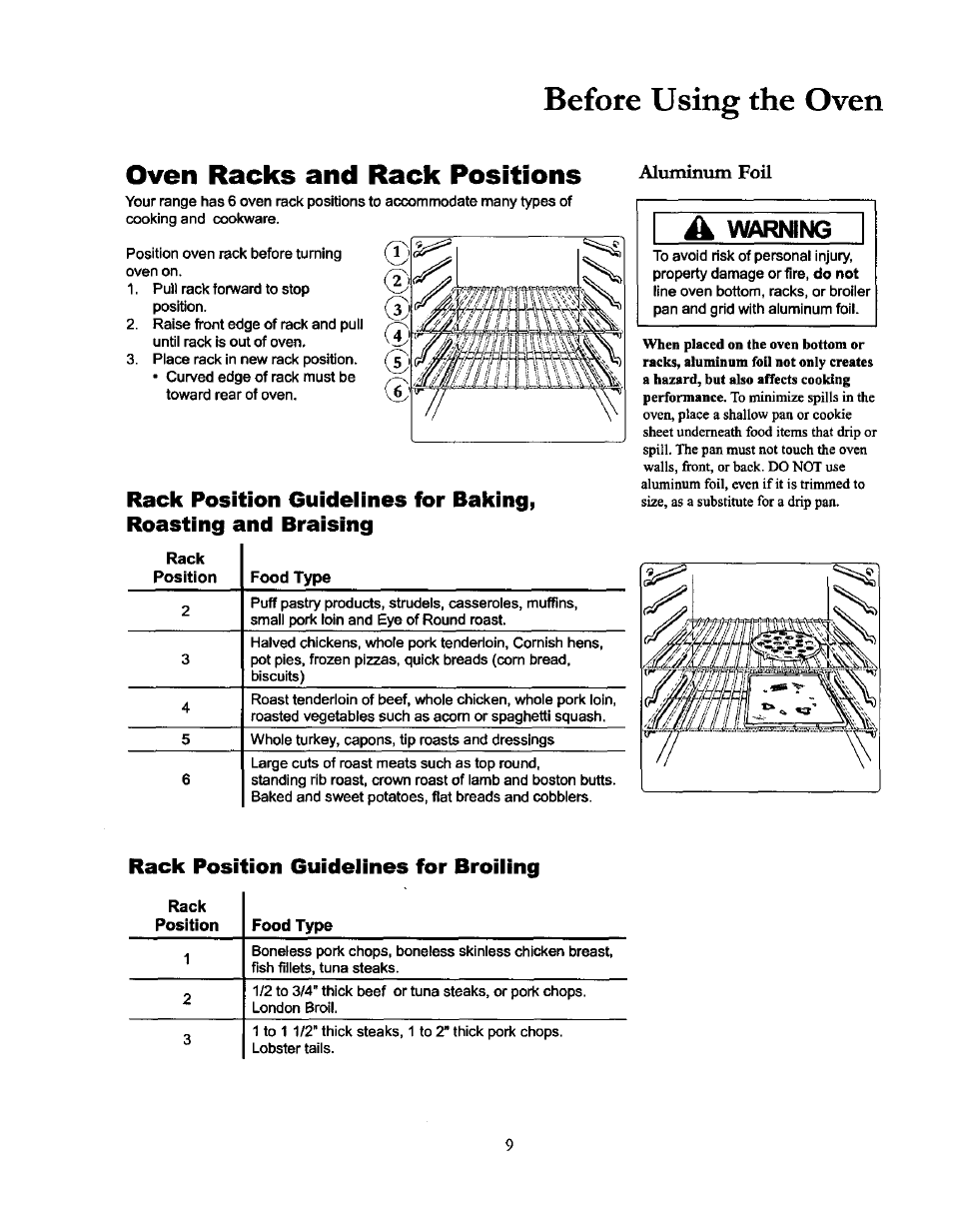 Alummum foil, Rack position guideiines for broiiing, Before using the oven | Oven racks and rack positions, Wmrning | Amana THE BIG OVEN ACF4215A User Manual | Page 9 / 28