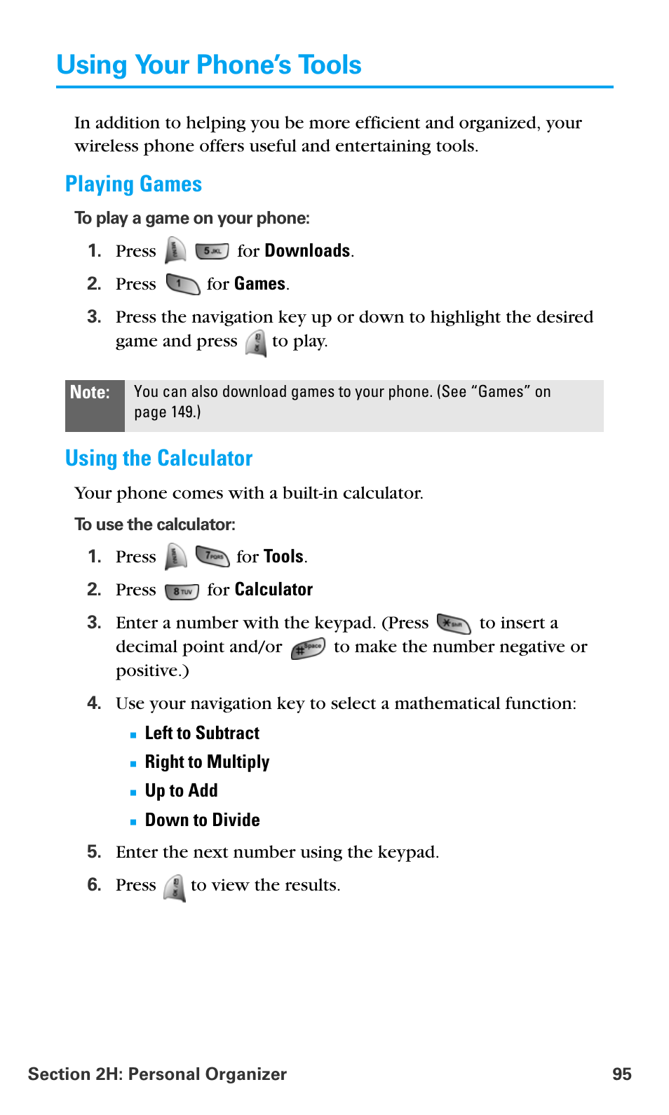 Using your phone’s tools, Playing games, Using the calculator | Samsung SPH-A680SSAQST User Manual | Page 103 / 196