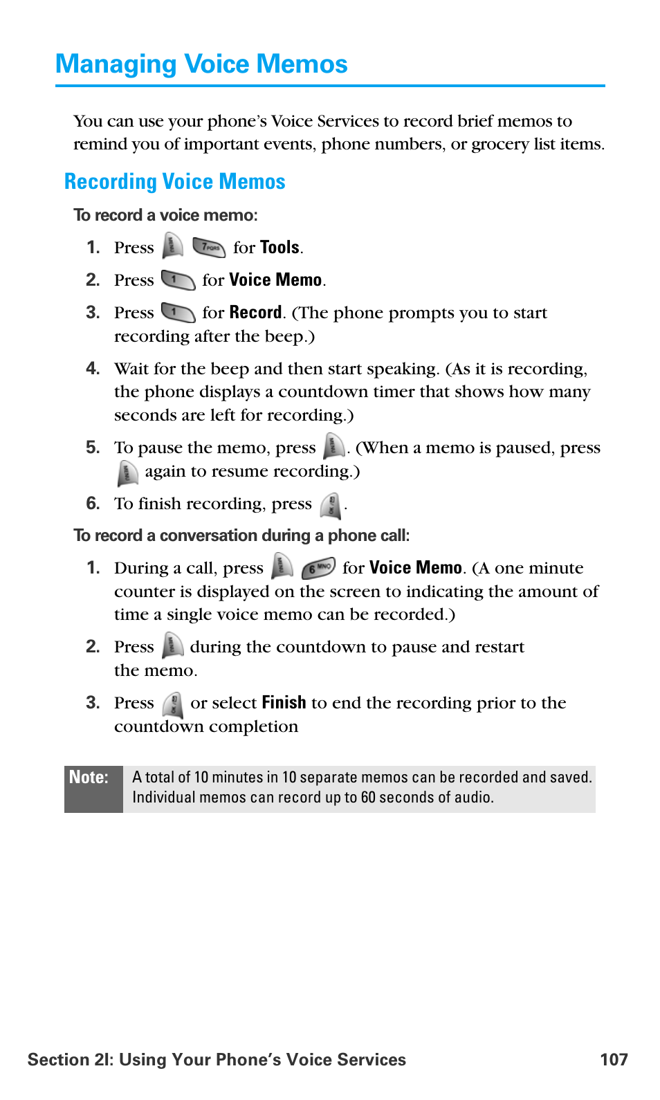 Managing voice memos, Recording voice memos | Samsung SPH-A680SSAQST User Manual | Page 115 / 196