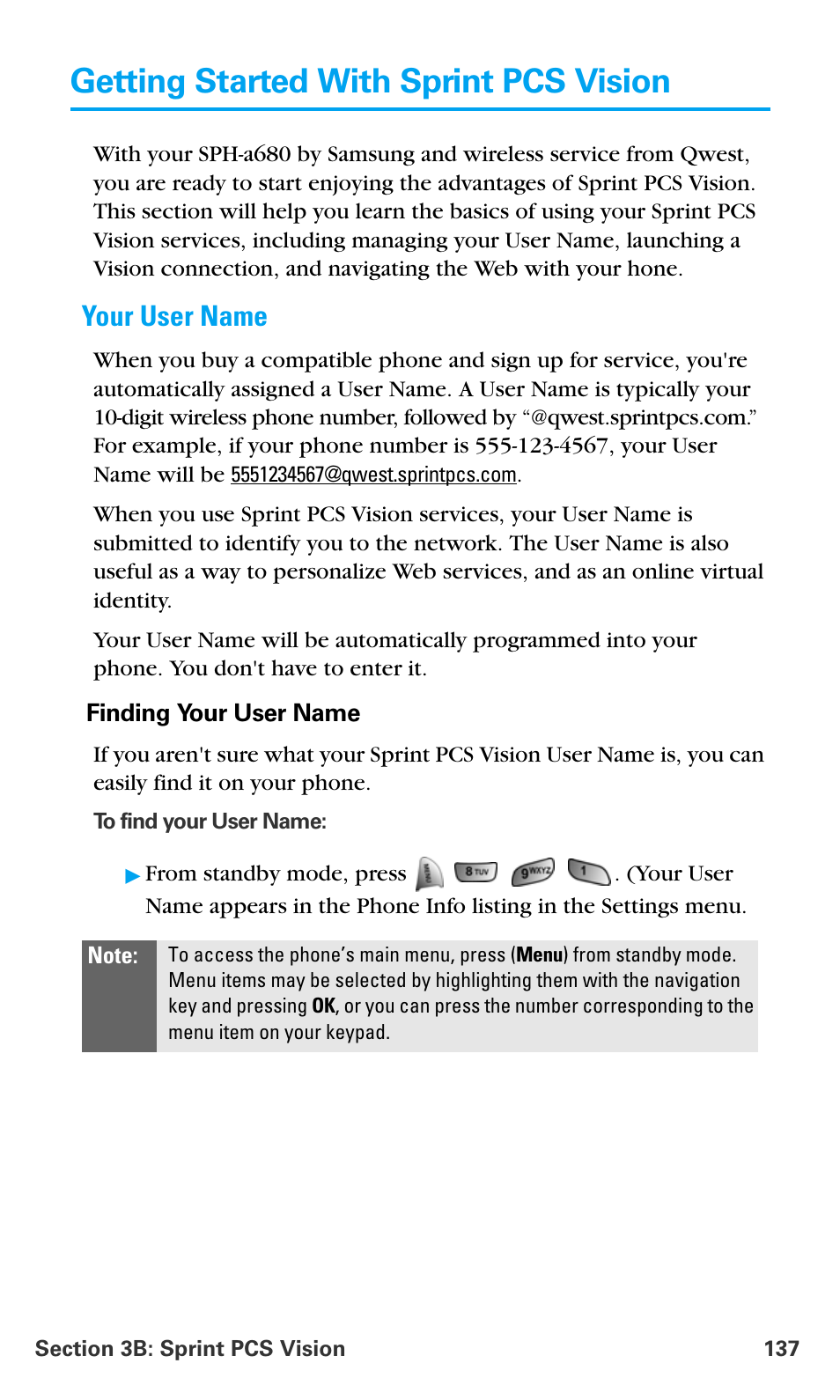 Getting started with sprint pcs vision, Your user name | Samsung SPH-A680SSAQST User Manual | Page 145 / 196