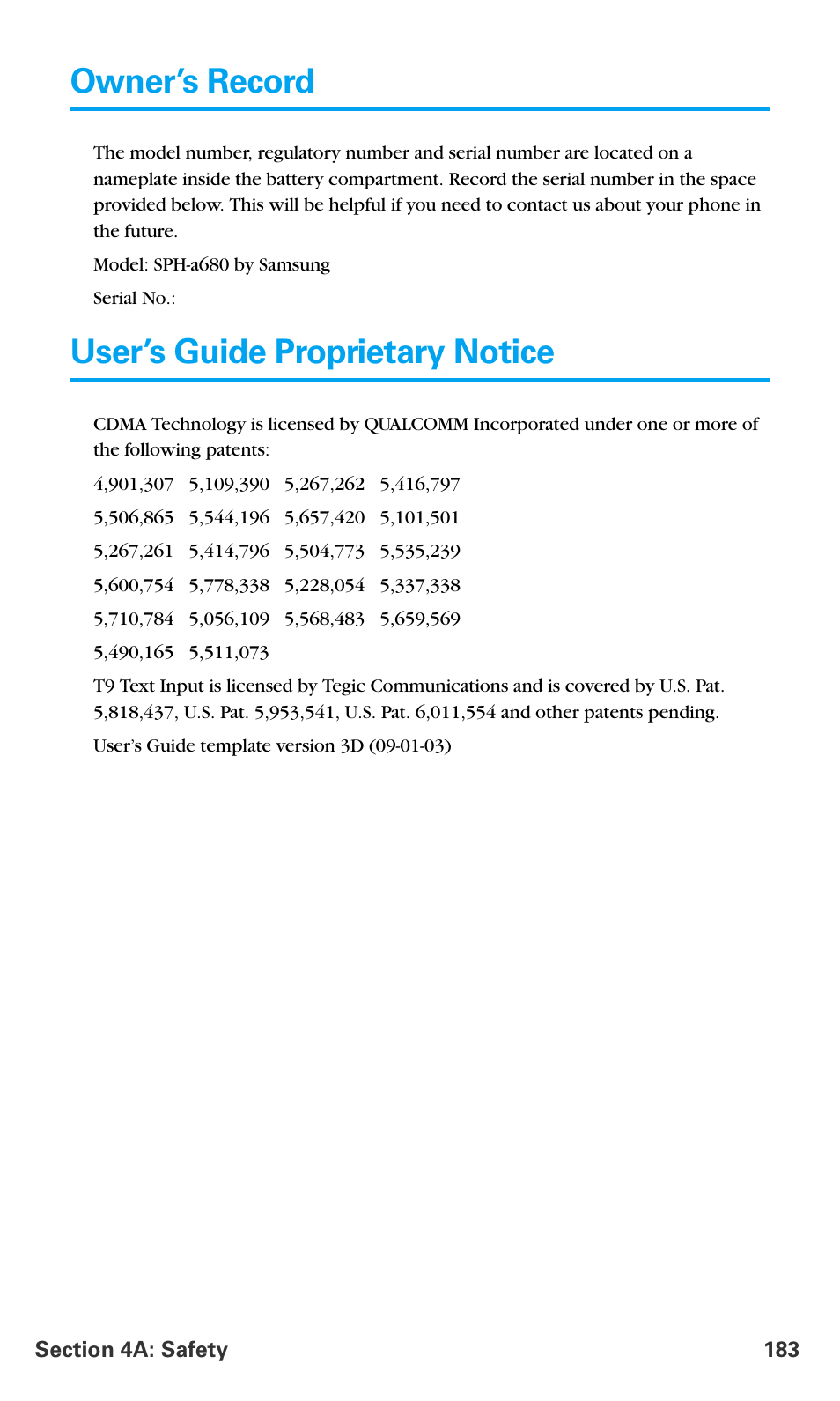 Owner’s record, User’s guide proprietary notice | Samsung SPH-A680SSAQST User Manual | Page 191 / 196