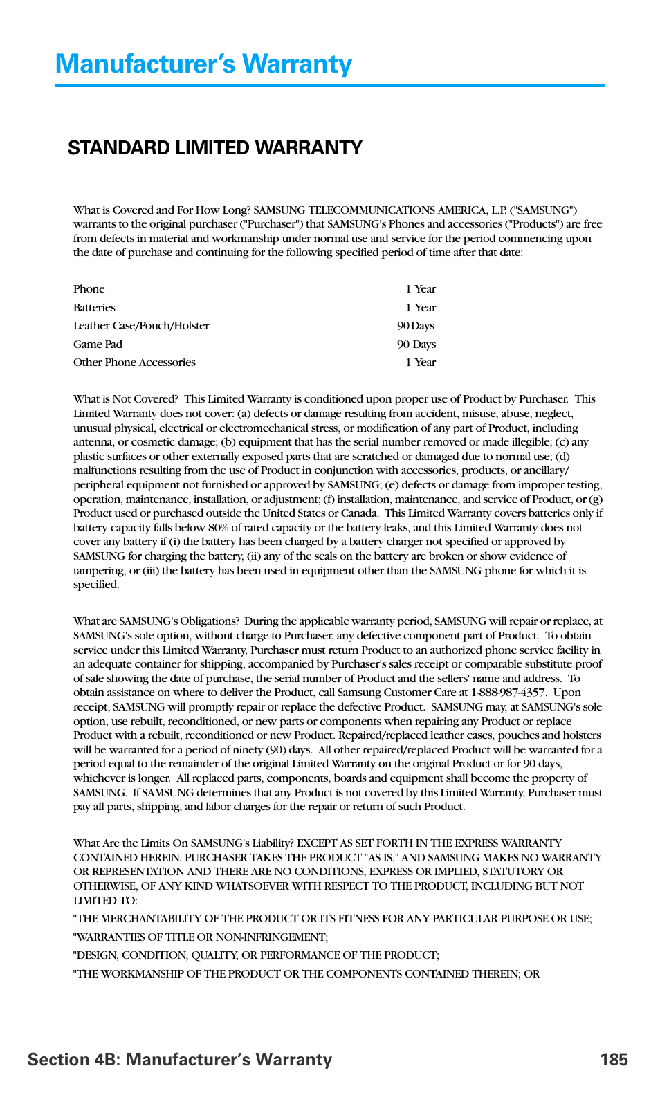 Manufacturer’s warranty, Standard limited warranty | Samsung SPH-A680SSAQST User Manual | Page 193 / 196