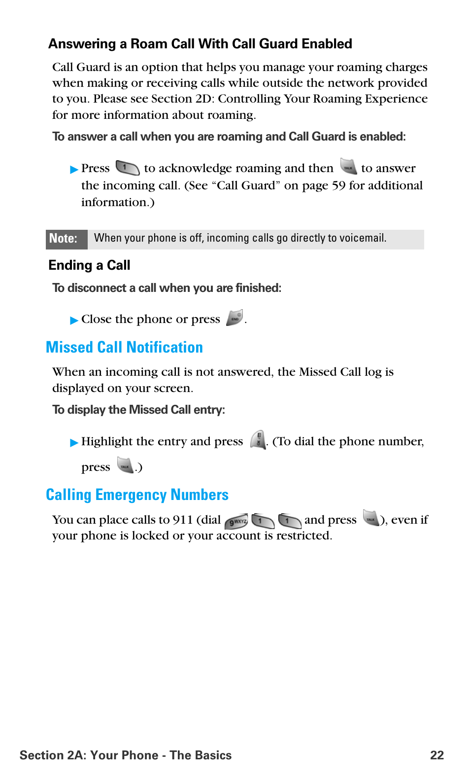 Missed call notification, Calling emergency numbers | Samsung SPH-A680SSAQST User Manual | Page 30 / 196