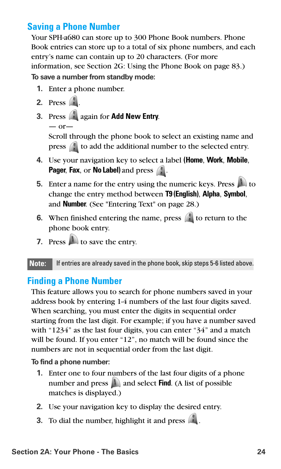 Saving a phone number, Finding a phone number | Samsung SPH-A680SSAQST User Manual | Page 32 / 196