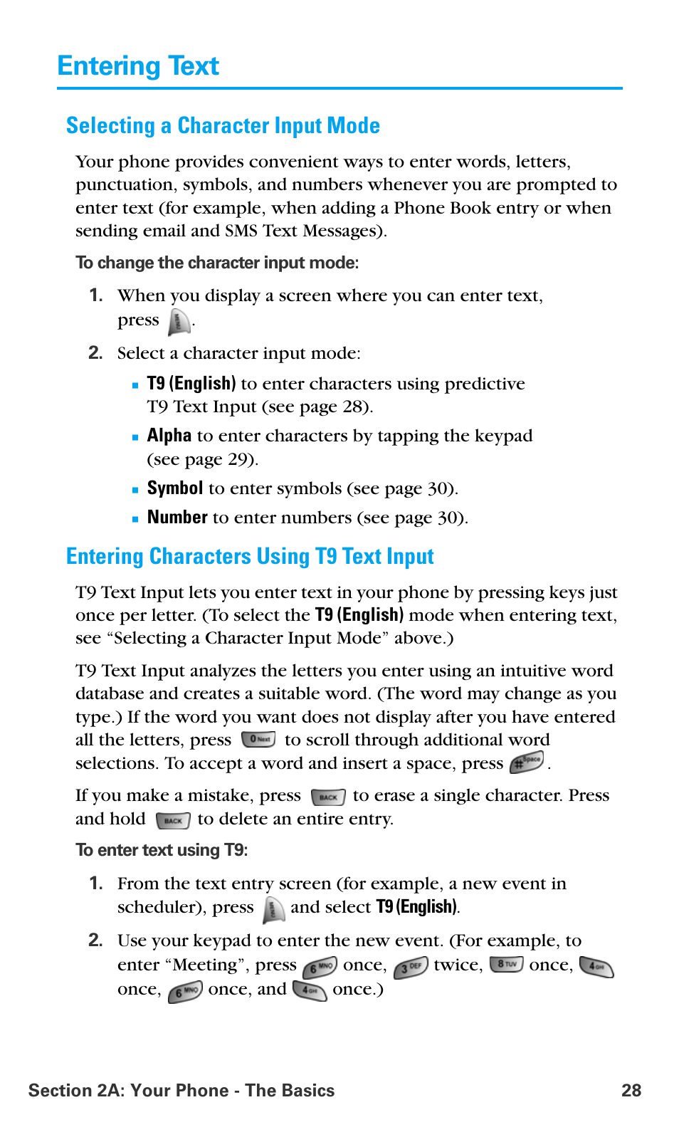 Entering text, Selecting a character input mode, Entering characters using t9 text input | Samsung SPH-A680SSAQST User Manual | Page 36 / 196