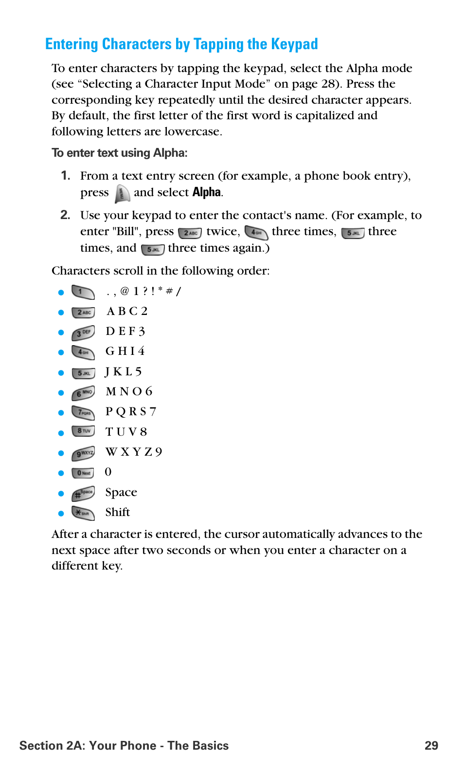 Entering characters by tapping the keypad, A b c 2, D e f 3 | G h i 4, J k l 5, M n o 6, T u v 8, Space | Samsung SPH-A680SSAQST User Manual | Page 37 / 196