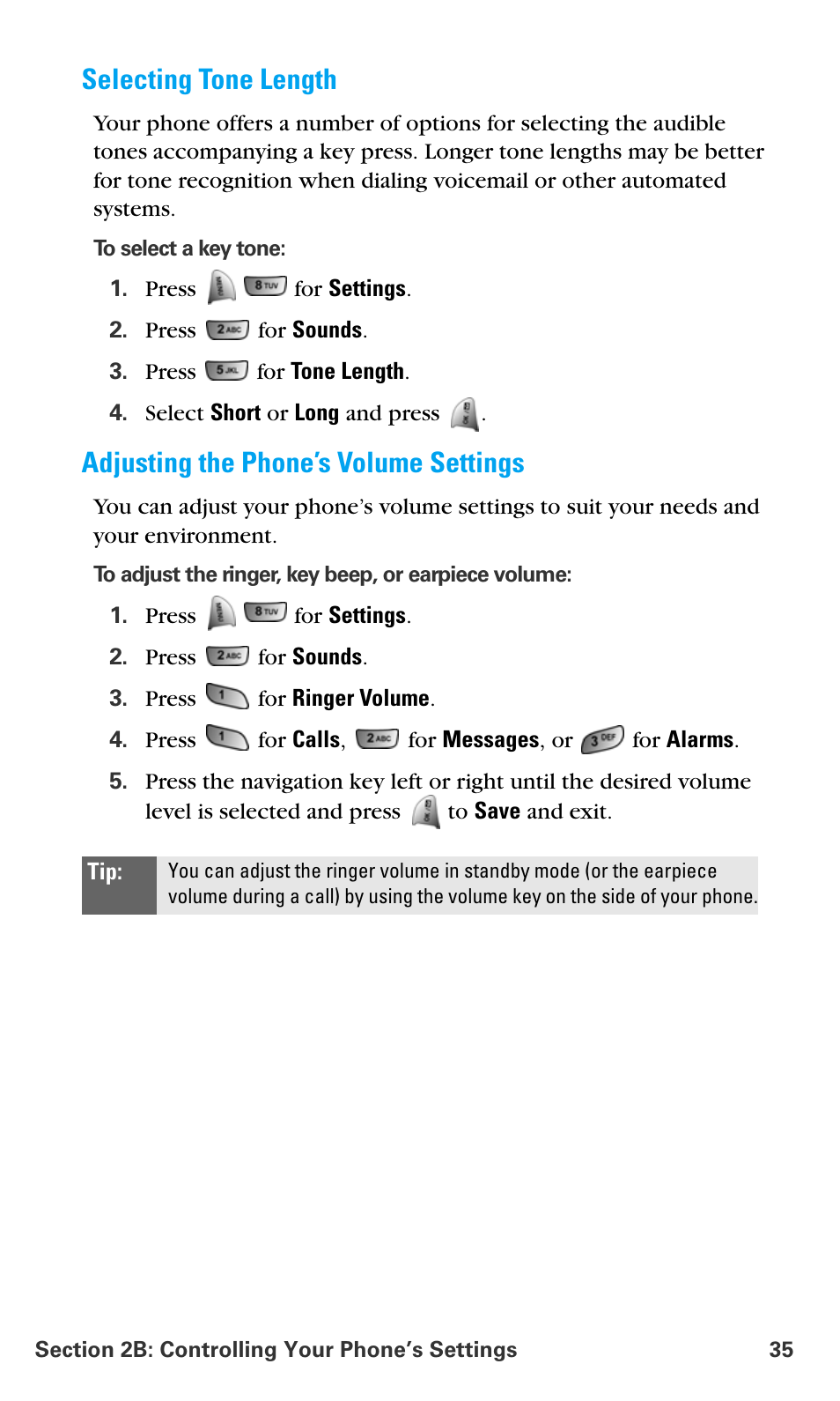 Selecting tone length, Adjusting the phone’s volume settings | Samsung SPH-A680SSAQST User Manual | Page 43 / 196