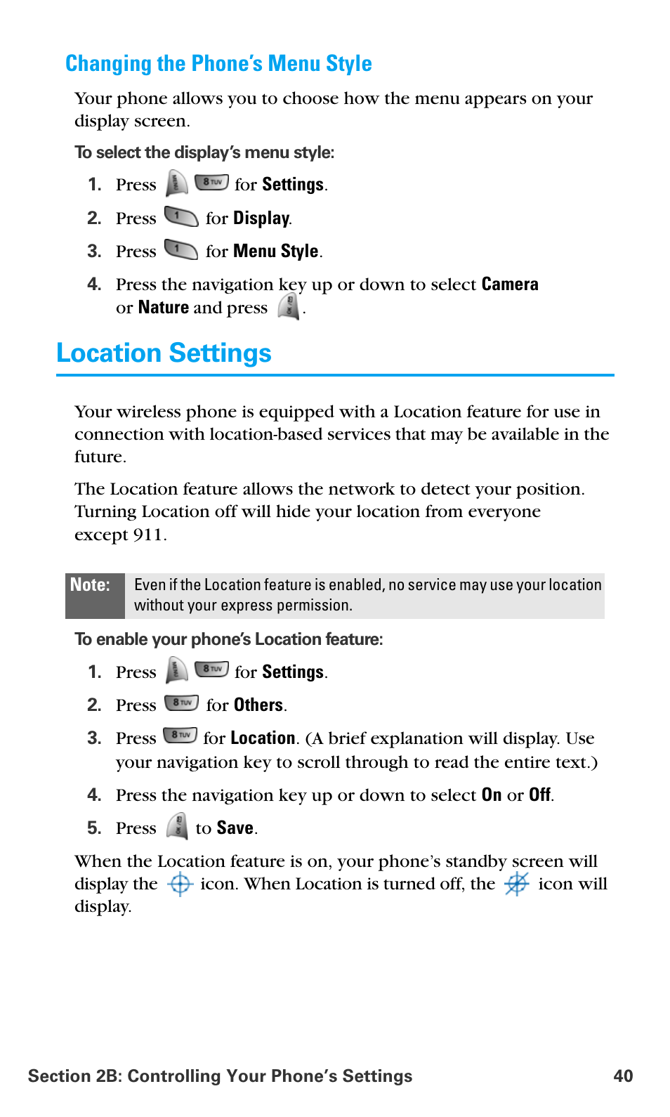 Changing the phone’s menu style, Location settings | Samsung SPH-A680SSAQST User Manual | Page 48 / 196