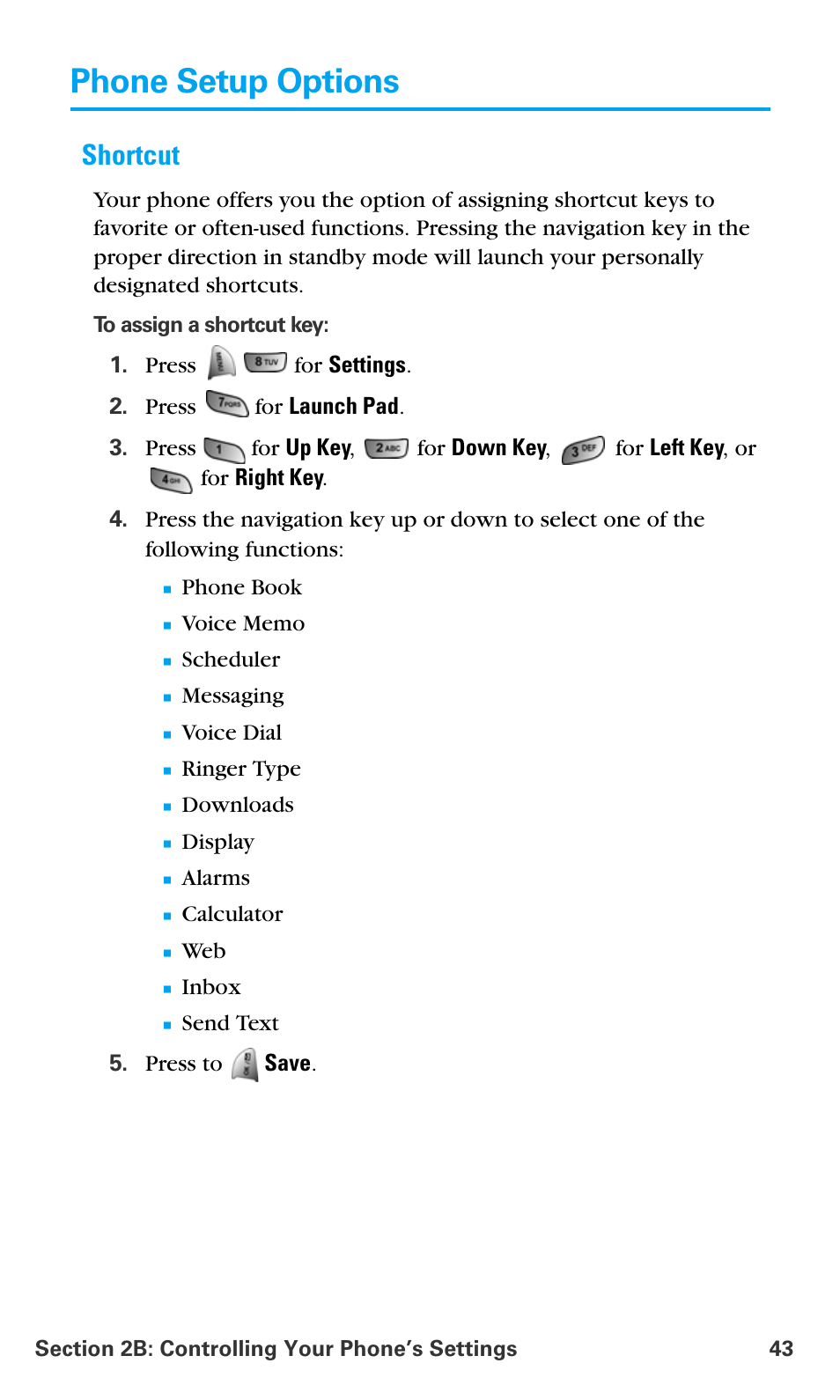 Phone setup options, Shortcut | Samsung SPH-A680SSAQST User Manual | Page 51 / 196