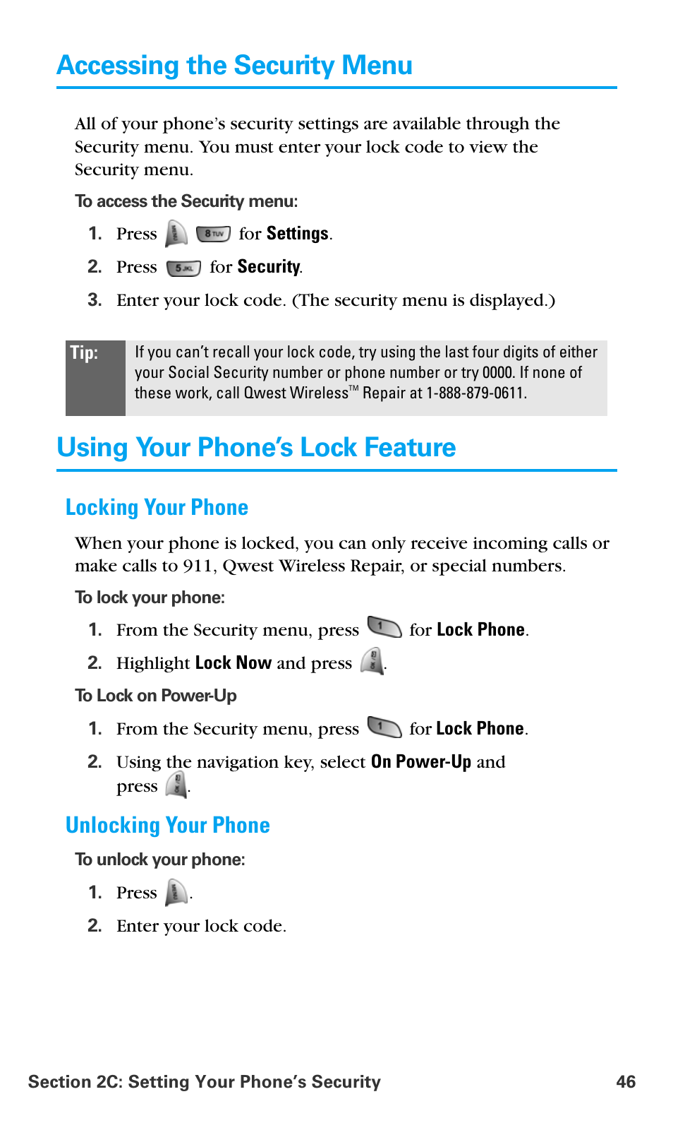 Accessing the security menu, Using your phone’s lock feature, Locking your phone | Unlocking your phone | Samsung SPH-A680SSAQST User Manual | Page 54 / 196