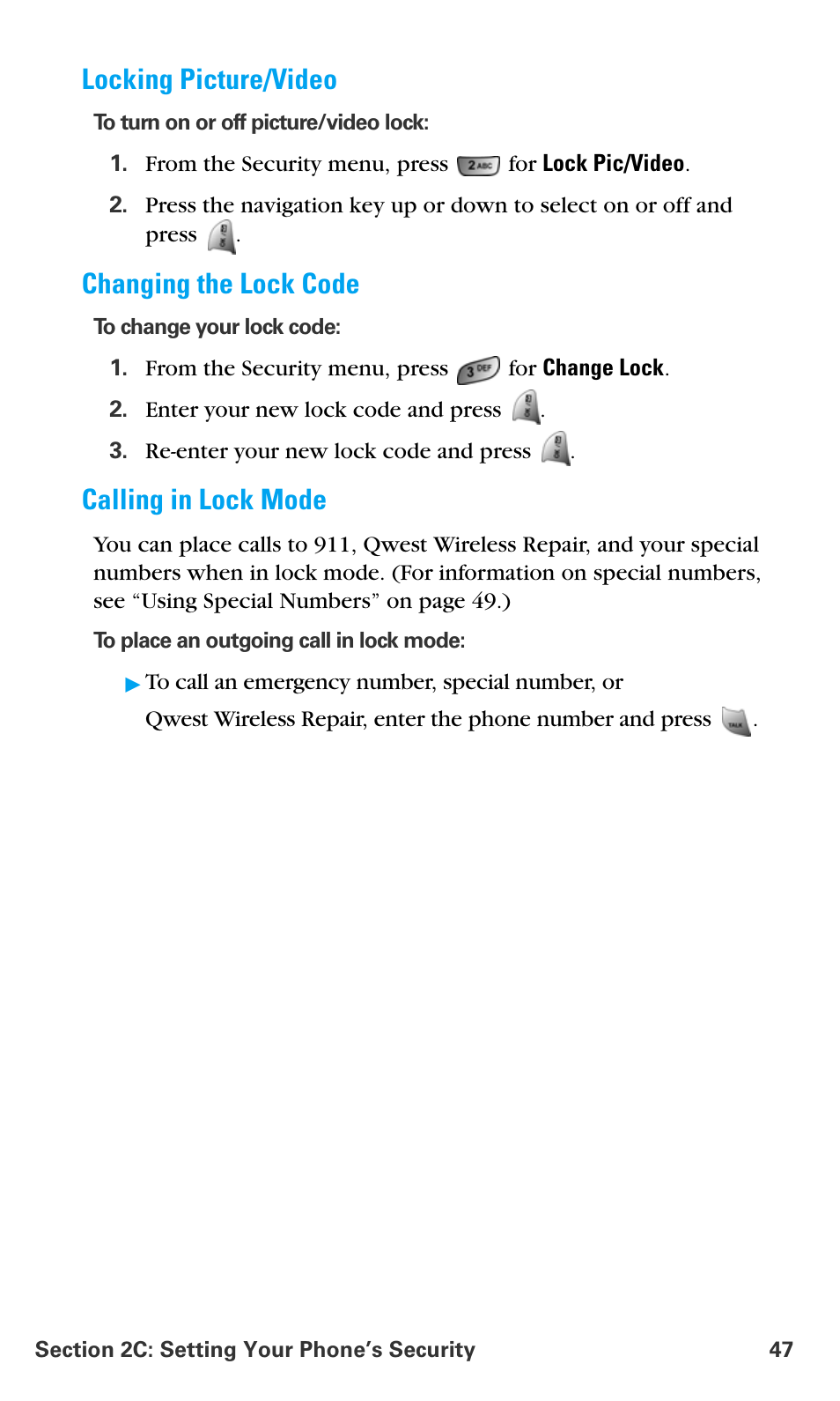 Locking picture/video, Changing the lock code, Calling in lock mode | Samsung SPH-A680SSAQST User Manual | Page 55 / 196