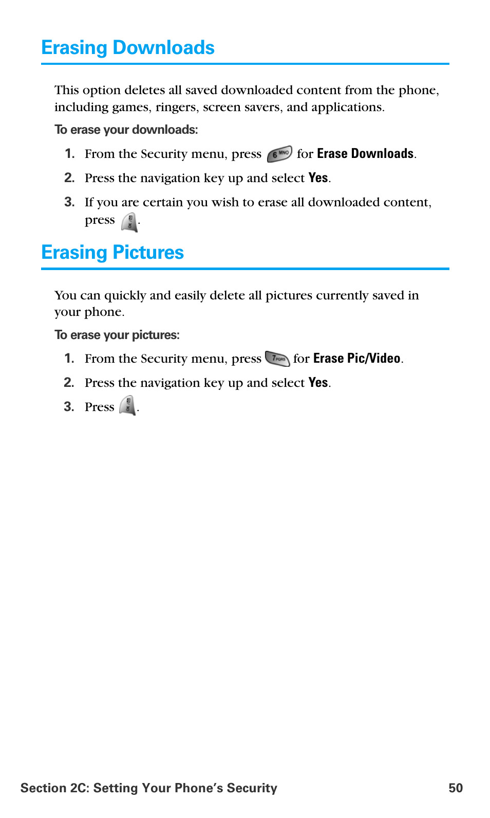 Erasing downloads, Erasing pictures | Samsung SPH-A680SSAQST User Manual | Page 58 / 196