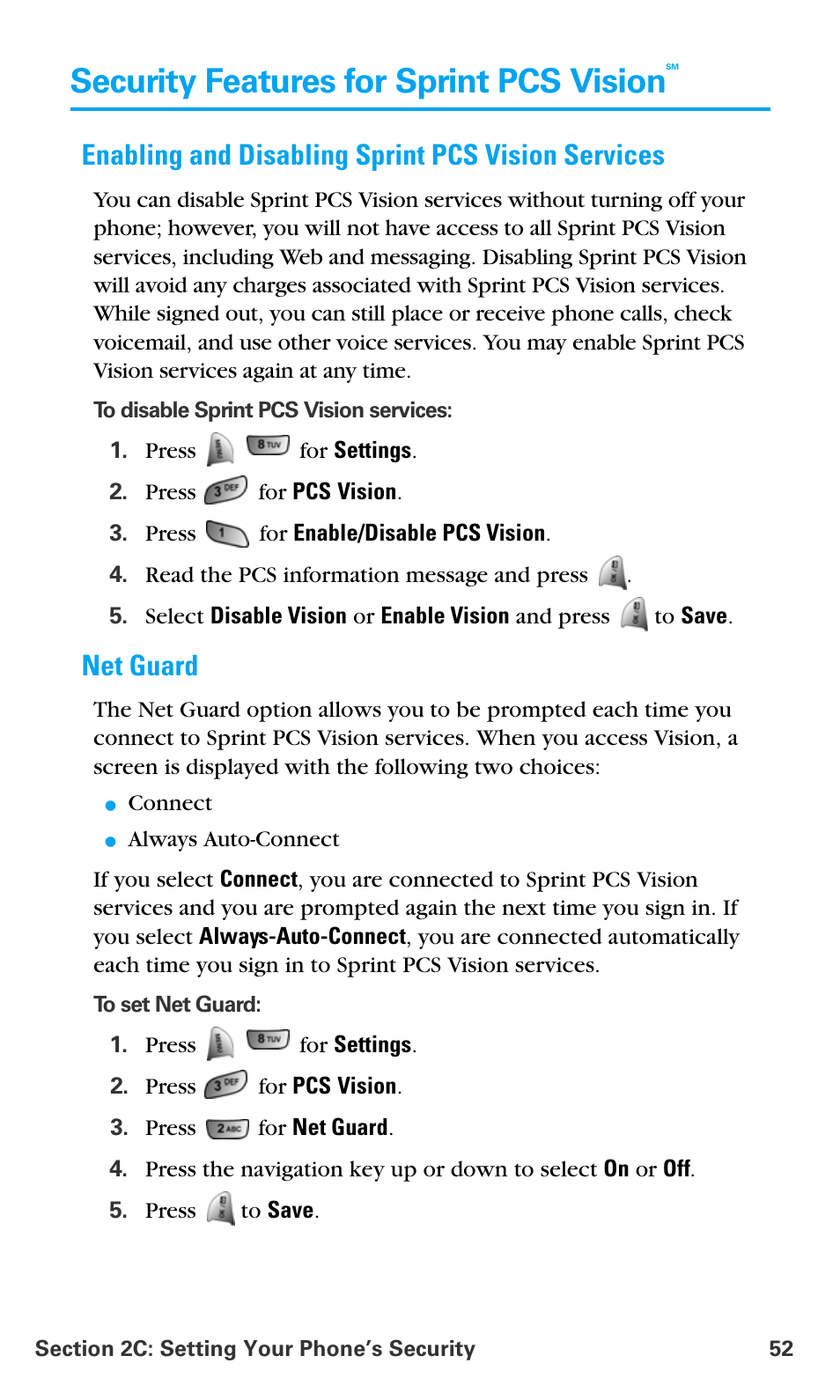 Security features for sprint pcs visionsm, Enabling and disabling sprint pcs vision services, Net guard | Security features for sprint pcs vision | Samsung SPH-A680SSAQST User Manual | Page 60 / 196