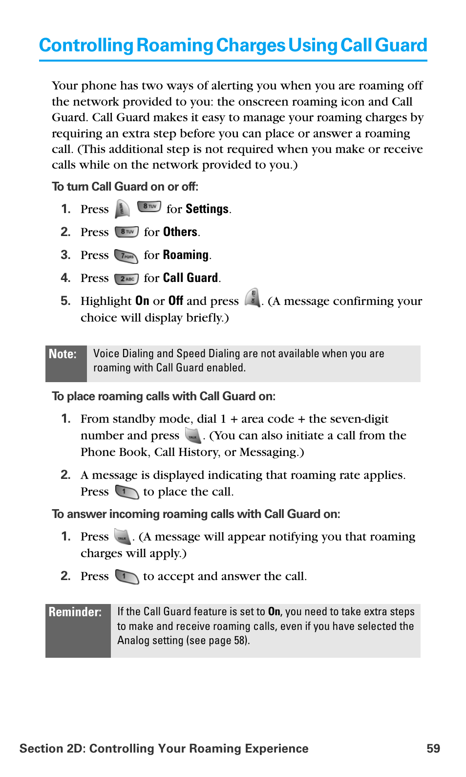 Controlling roaming charges using call guard | Samsung SPH-A680SSAQST User Manual | Page 67 / 196