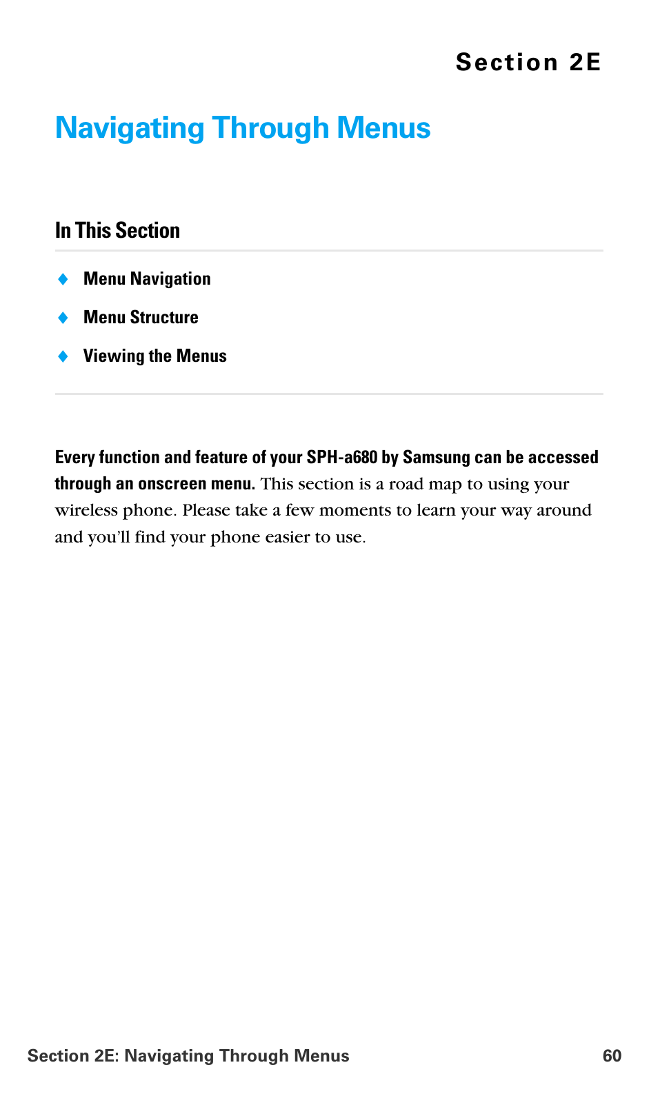 Navigating through menus, 2e.navigating through menus | Samsung SPH-A680SSAQST User Manual | Page 68 / 196