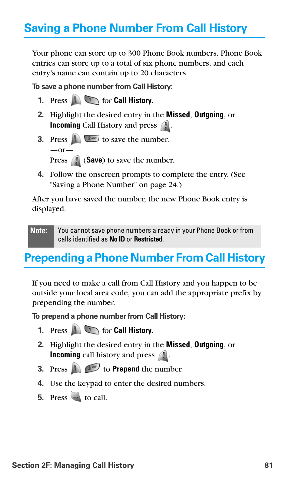 Saving a phone number from call history, Prepending a phone number from call history | Samsung SPH-A680SSAQST User Manual | Page 89 / 196