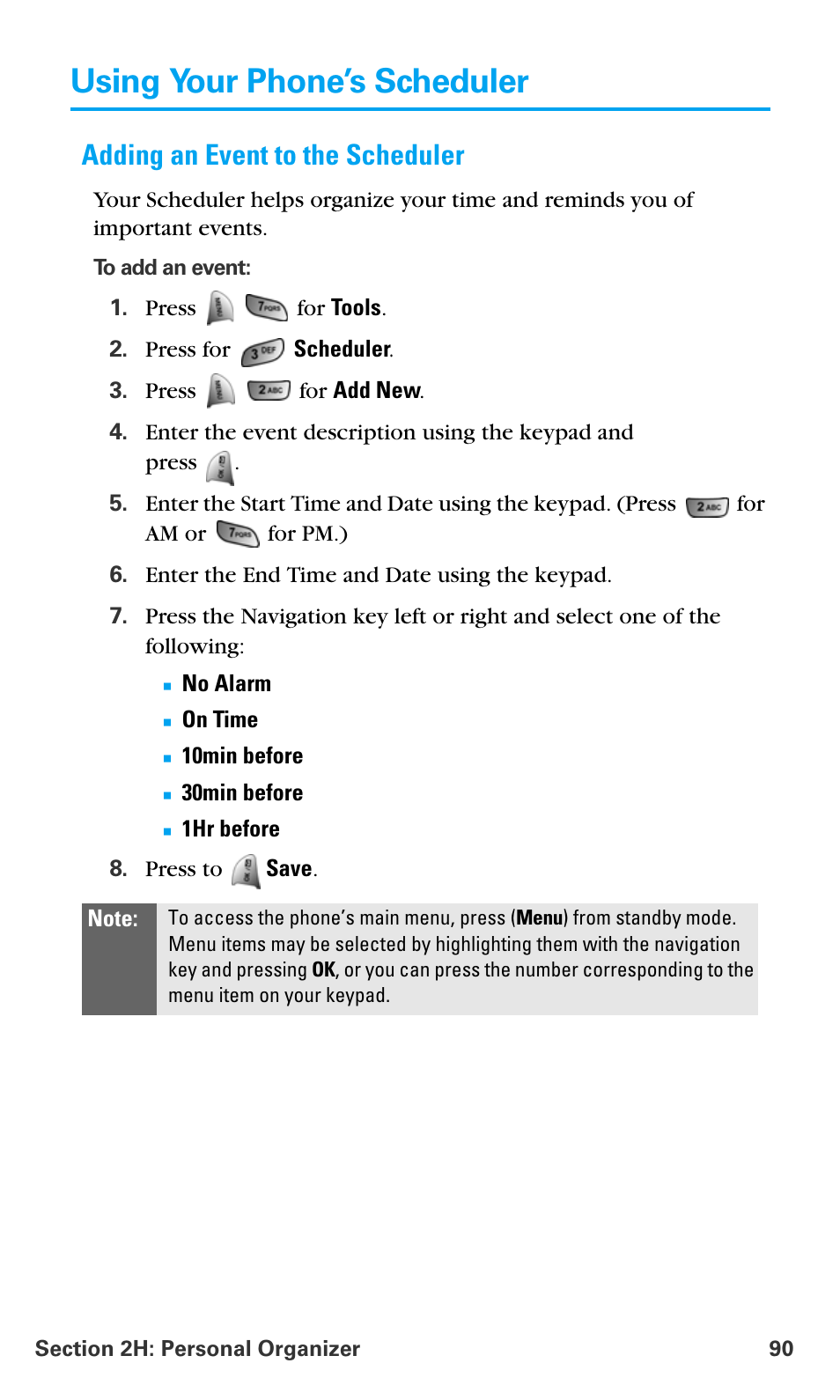 Using your phone’s scheduler, Adding an event to the scheduler | Samsung SPH-A680SSAQST User Manual | Page 98 / 196