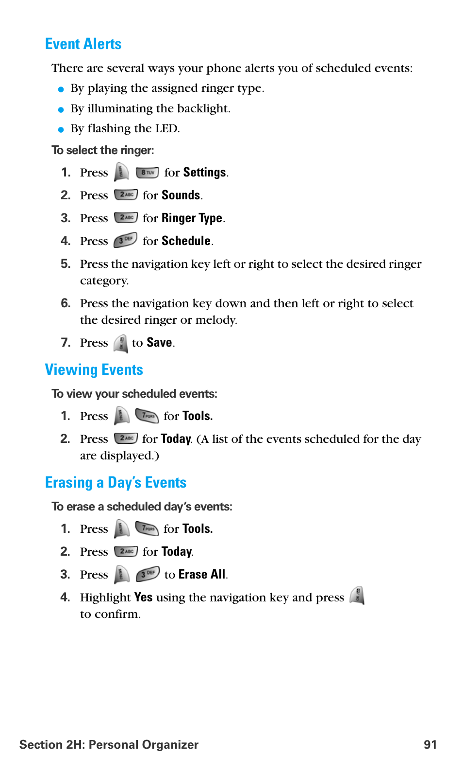 Event alerts, Viewing events, Erasing a day’s events | Samsung SPH-A680SSAQST User Manual | Page 99 / 196