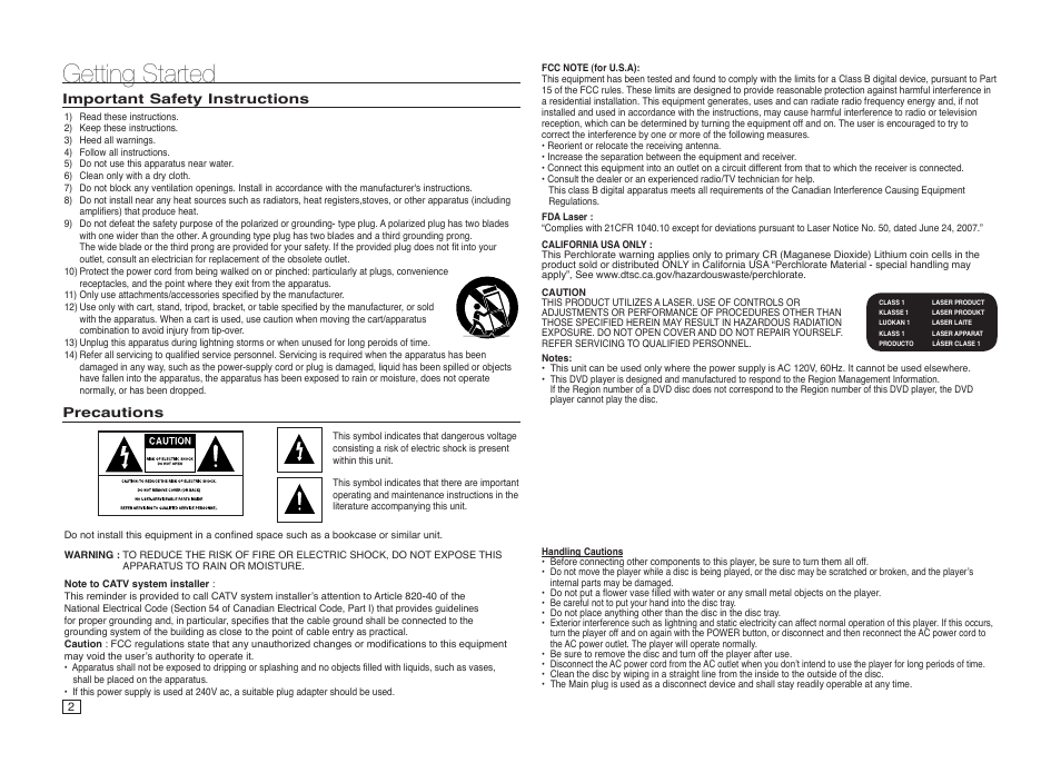 Getting started, Precautions | Samsung DVD-C500-XAA User Manual | Page 2 / 16