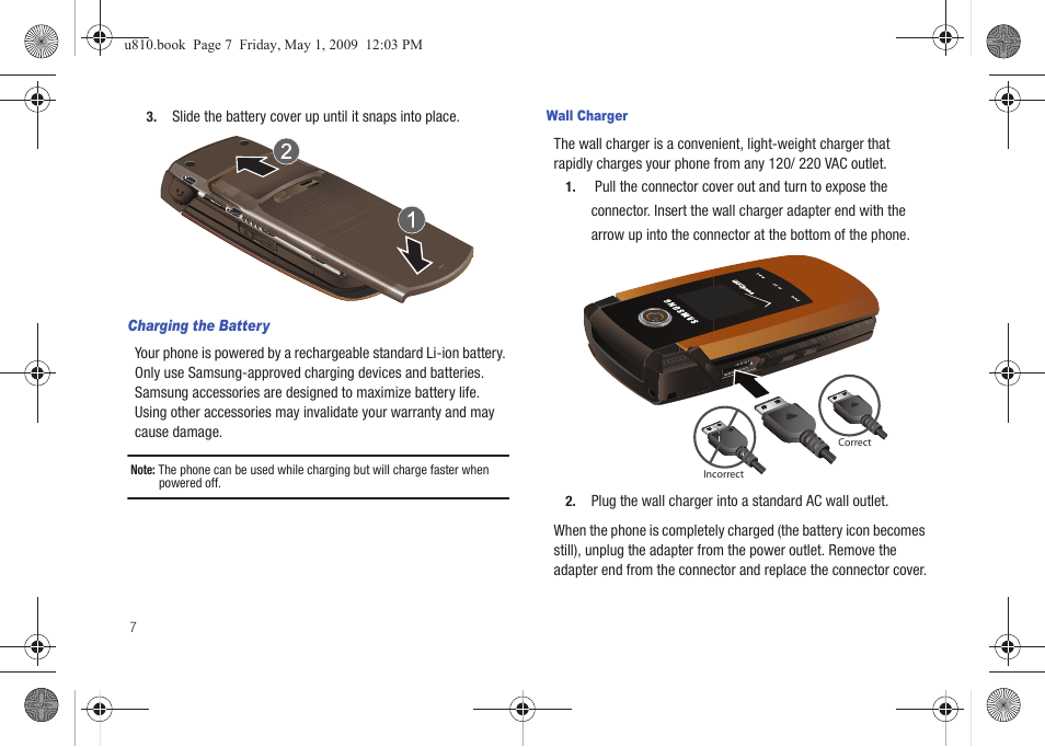 Charging the battery | Samsung SCH-U810GNAVZW User Manual | Page 10 / 169