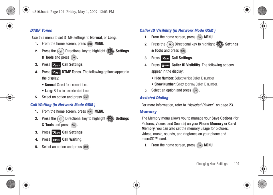 Dtmf tones, Call waiting (in network mode gsm ), Caller id visibility (in network mode gsm ) | Assisted dialing, Memory | Samsung SCH-U810GNAVZW User Manual | Page 107 / 169